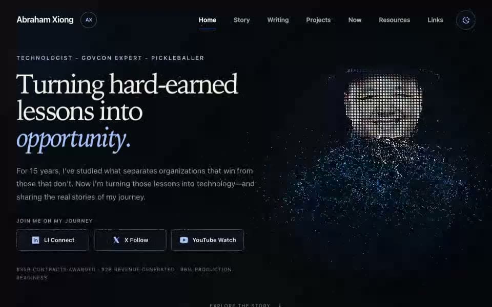 A founder's personal site, scrolling from a dot-matrix portrait through essays, audio and a build-in-public journal.