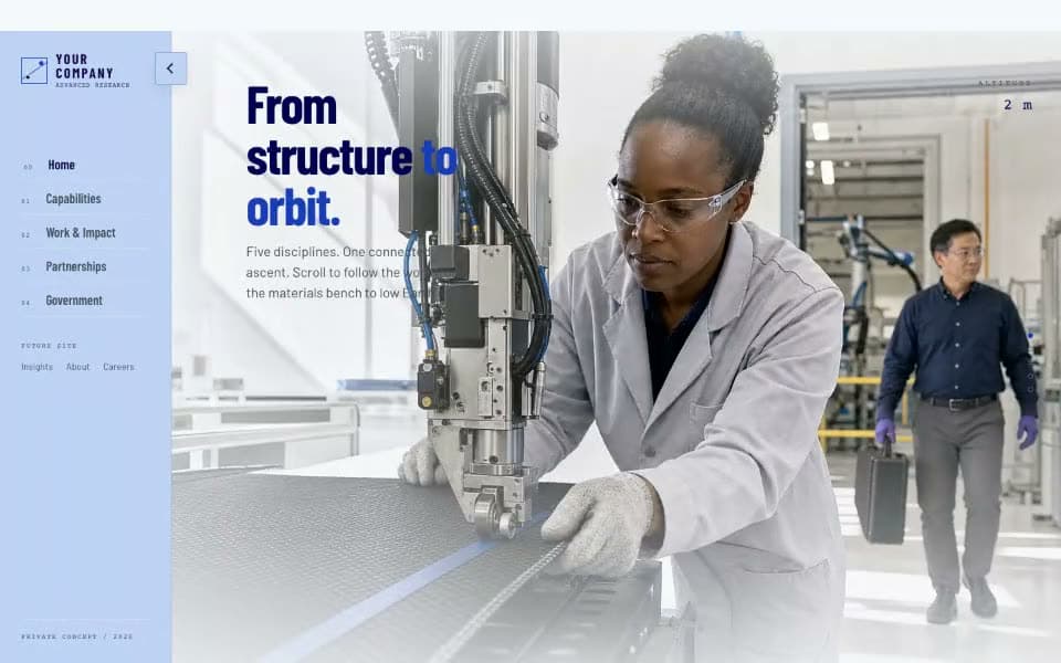 An advanced research organisation's site climbing from a materials bench through autonomous robotics, decision signals and open-air flight test toward orbit, closing on an invitation to collaborate.
