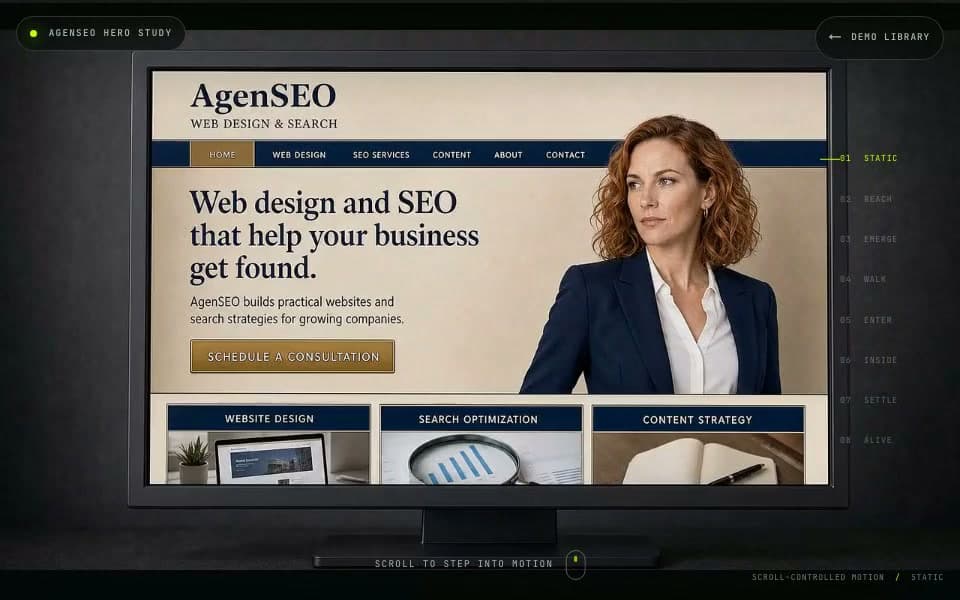 A woman in a navy suit steps out of a dated web-design website, crosses a dark stage and settles into a motion-led homepage.