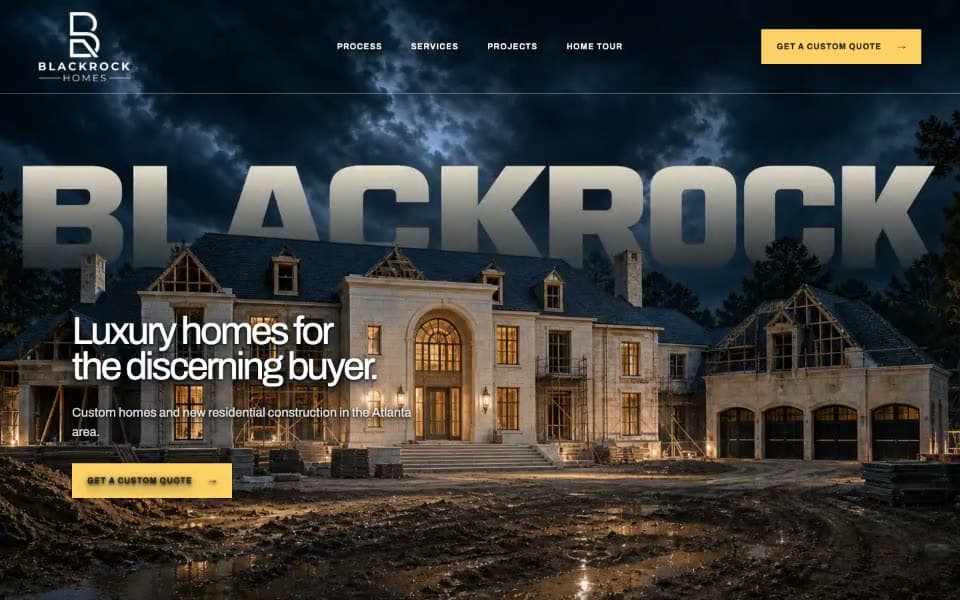 An unlisted preview for BlackRock Homes, moving from its interactive excavator hero through service areas, construction work, project imagery and contact details.