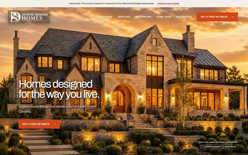 A client preview for Donnie Shaffer Homes where cursor sweeps erase bands of the finished house to reveal its blueprint before the full page scrolls past.