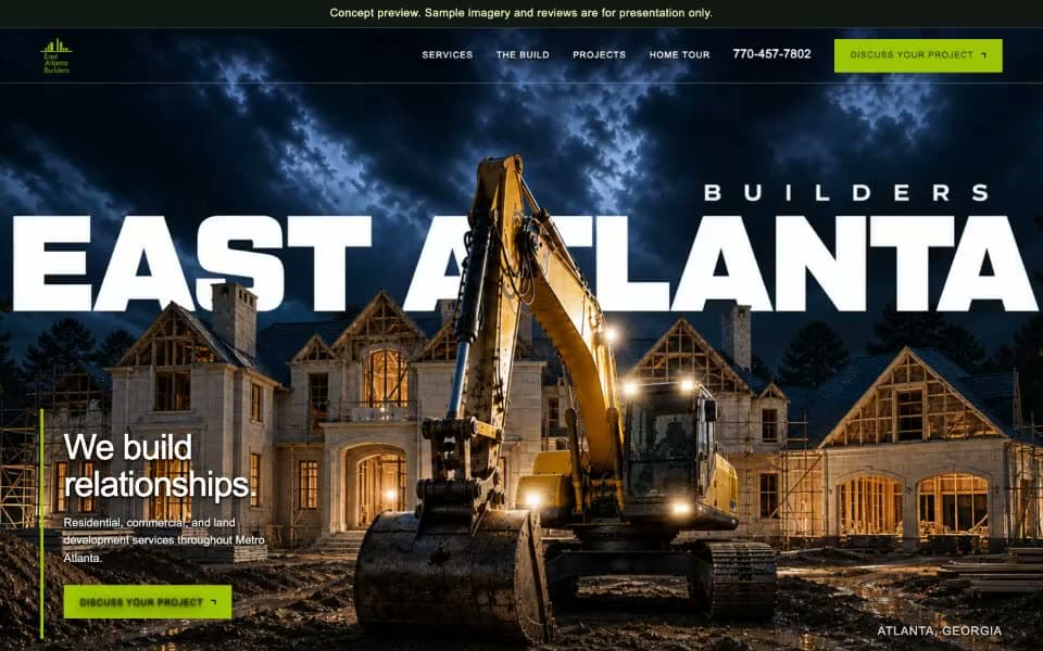 A concept preview for East Atlanta Builders, scrolling from its excavator-led hero through construction storytelling, project imagery and enquiry sections.