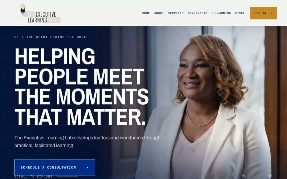 A leadership development homepage scrolling from a full-height portrait hero through its programme sections, client logos and course catalogue.
