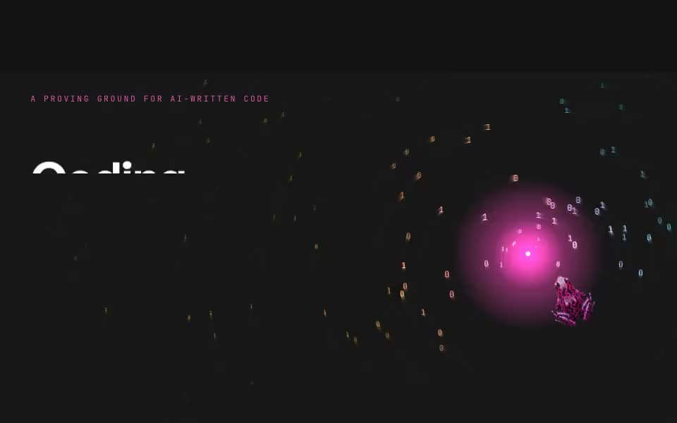An AI development product site, scrolling through a ten-scene narrative of terminal mockups and film grain toward its closing pitch.