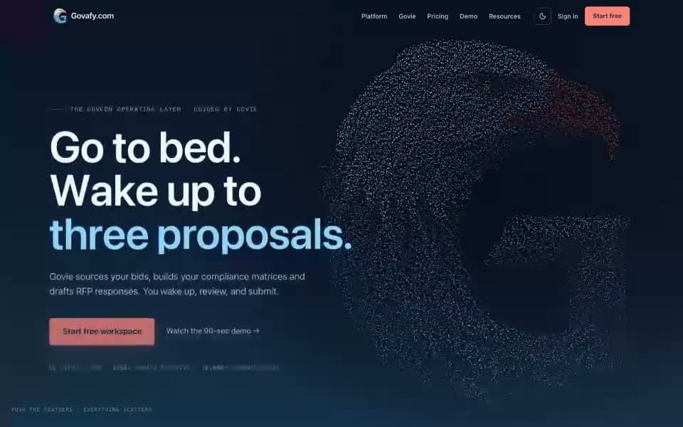 A federal contracting platform's homepage, scrolling from a particle eagle hero through its operating model and outcome-led sections.