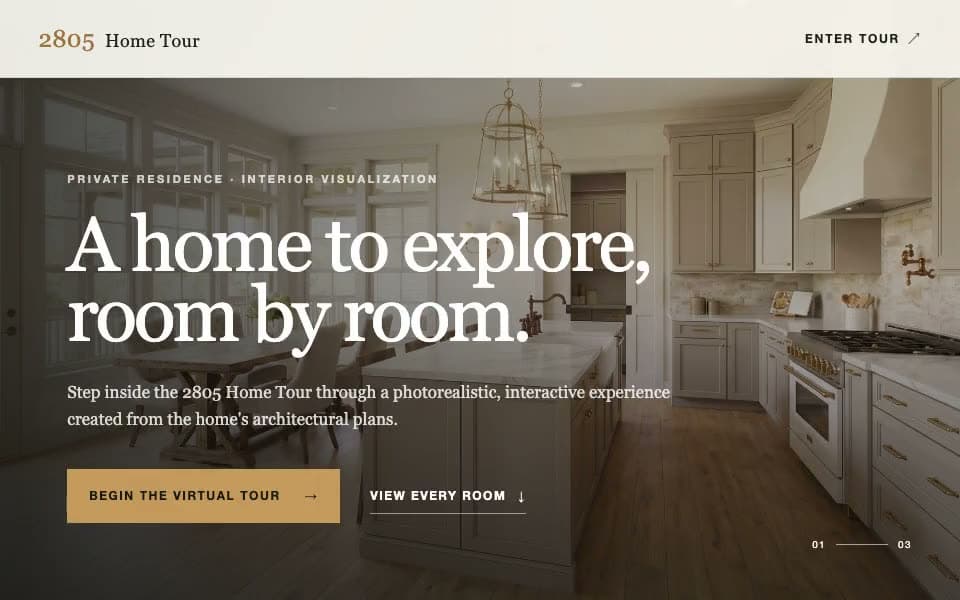 A luxury property tour, scrolling from an invitation to explore through floor-by-floor room galleries and a 360 degree walkthrough.