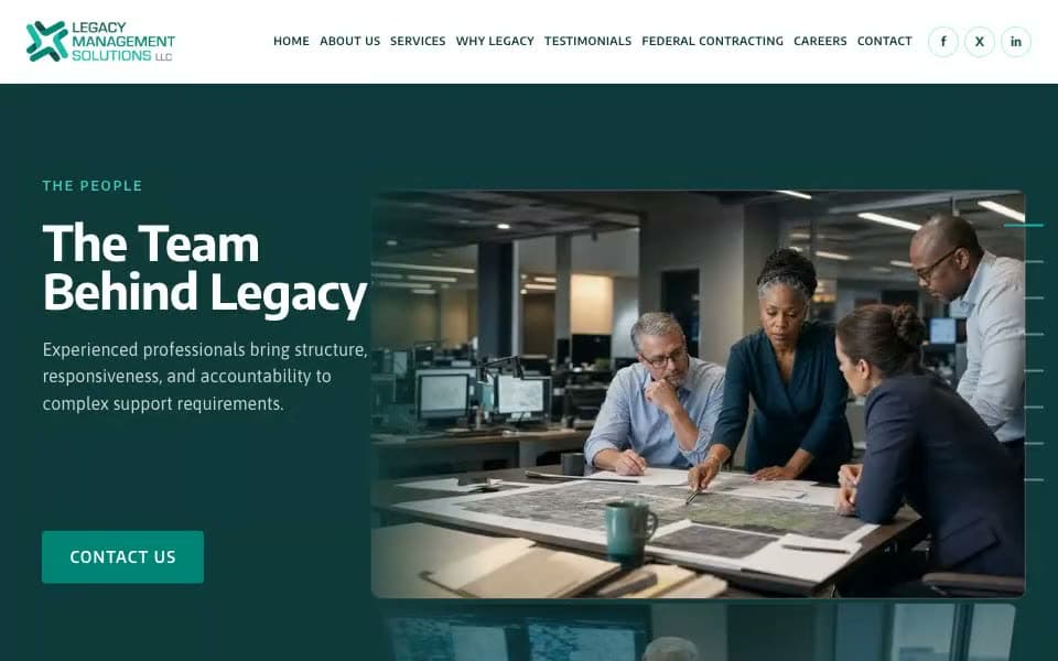 A government support contractor's homepage scrolling from its team hero through mission, IT services, practice areas and federal contracting credentials.