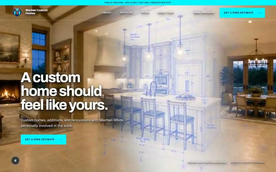 A public preview for Machen Custom Homes, moving from its blueprint-to-finished-room hero through the builder's process, ideas and enquiry sections.