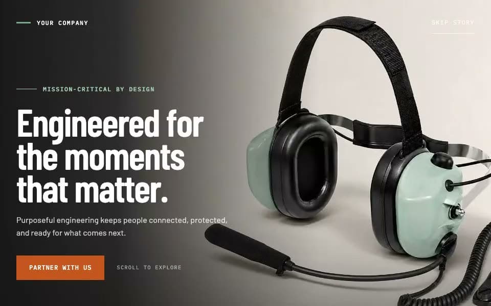 A communications headset maker's site moving from a product hero through aviation, fire and rescue, military and spaceflight chapters to an engineering campus at dusk.