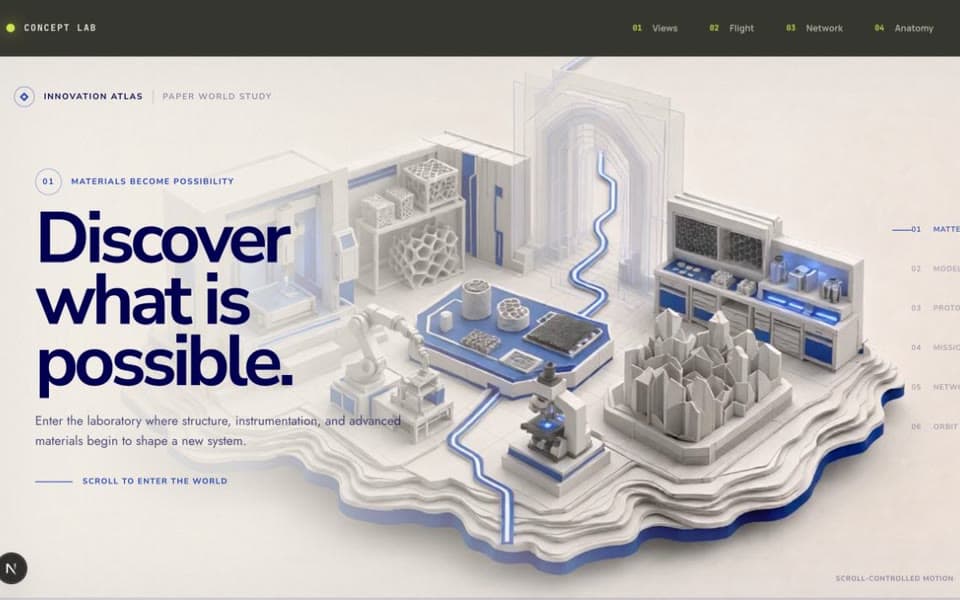 A paper-engineered world in blue and white, moving from a research laboratory through flight and connected systems out to orbit.