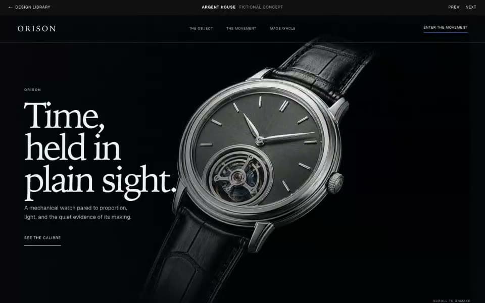 The Orison sample scrolling through a cold-light mechanical watch as it separates into a fully exploded calibre, assembles again, and leads into a material study.