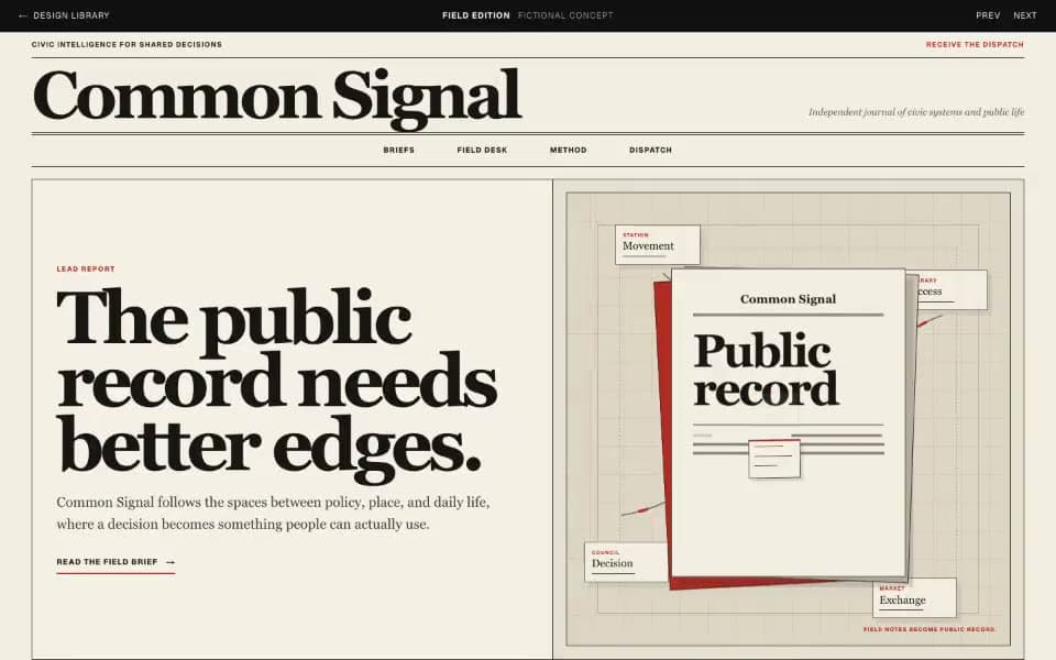 The Common Signal sample scrolling from a civic journal front page with a kinetic public-record press through reported briefs, a signal-red statement, and an annotated field desk.
