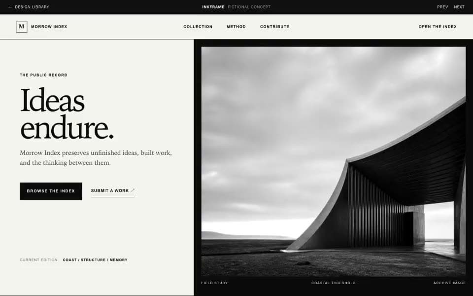 The Morrow Index sample scrolling from an editorial architecture hero into a ruled collection index and a stark black statement section.