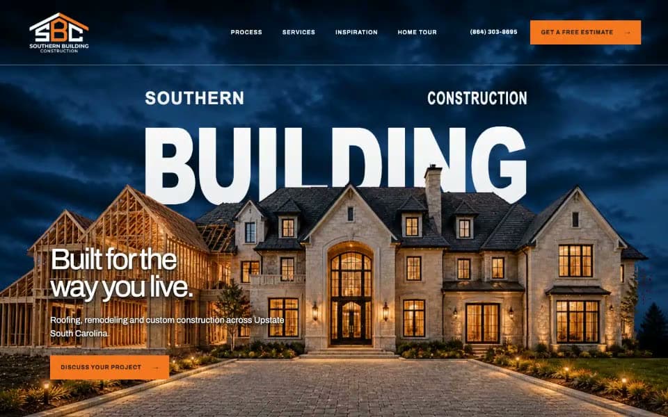 A public preview of Southern Building Construction, moving from a night-built custom home and vehicle-led hero through its project enquiry and closing details.