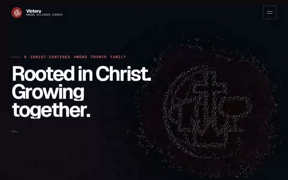 A church homepage, scrolling from a rooted-in-Christ hero through service times, worship, children's programmes and missions.