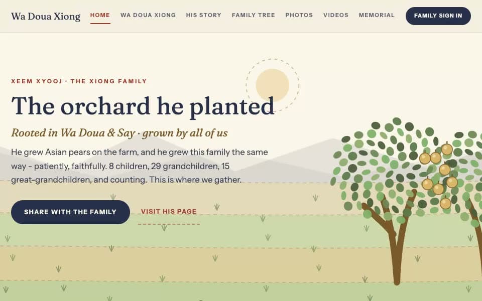 An illustrated memorial site, scrolling through an orchard of family branches, a legacy timeline and a ten generation family tree.